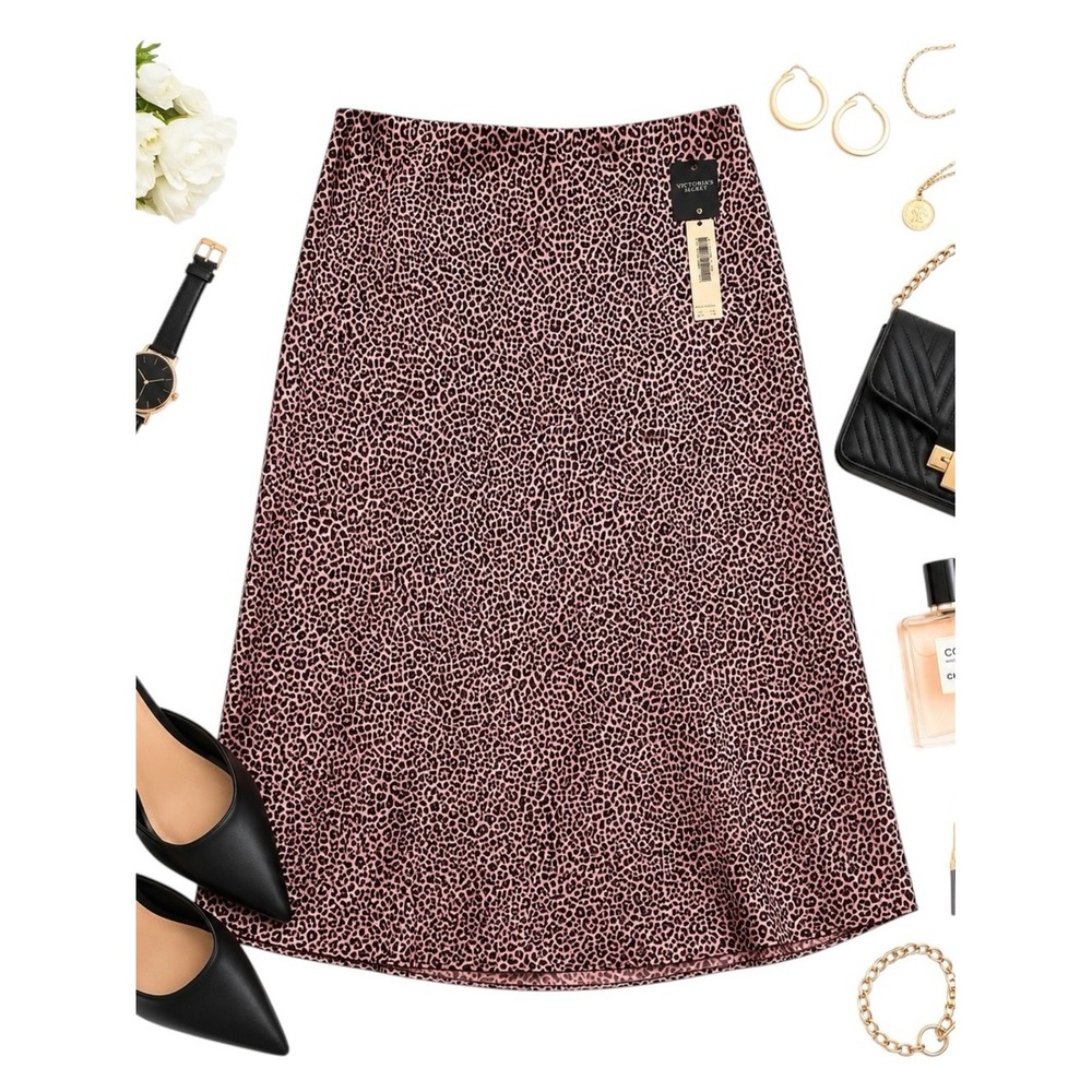 Victoria Secret Leopard Satin Midi Slip Skirt XL Pink Black NWT Trendy Chic New